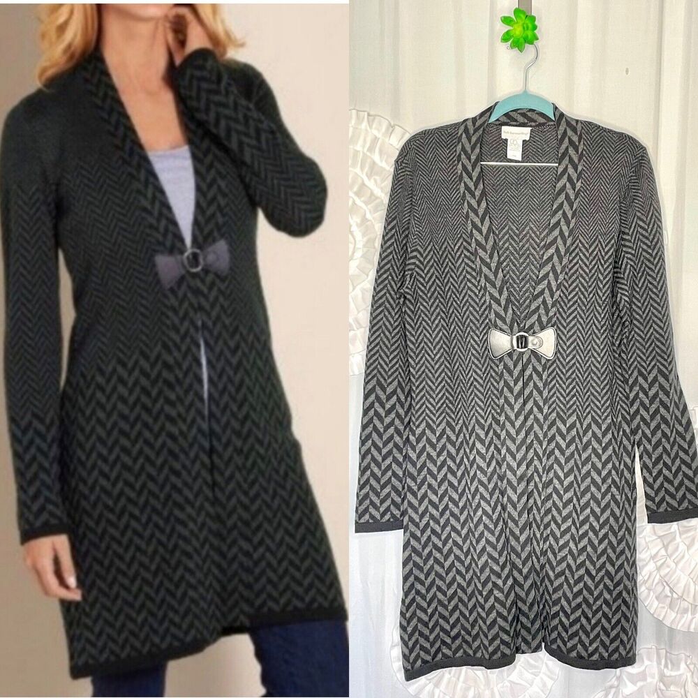 Soft Surroundings Gray Wool Blend Long Cardigan Herringbone Size Petite Medium